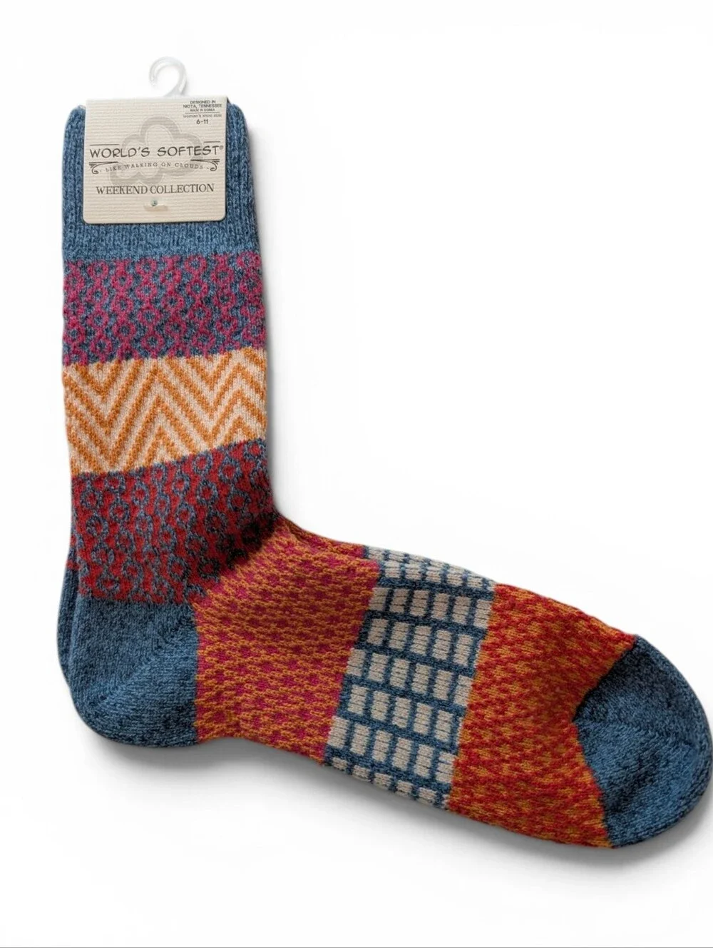 WORLDS SOFTEST Crew Socks Colorful Print Weekend 6-11 Blue Orange Pink White